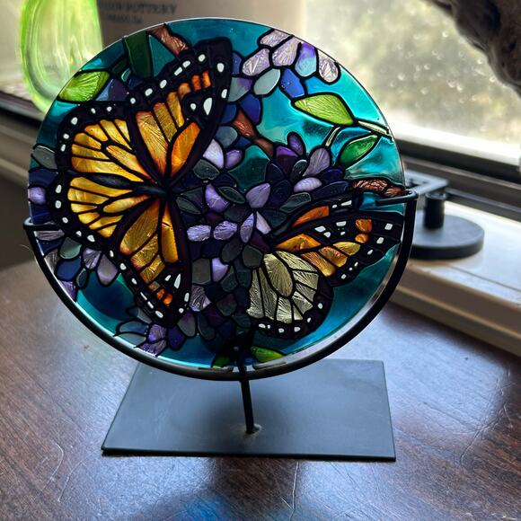 Joan Baker design hand painted glass butterfly floral candle holder suncatcher - Picture 2 of 7